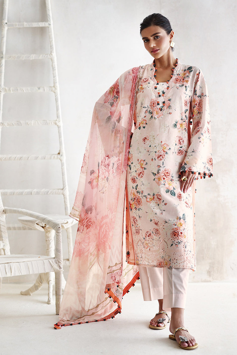 3 Piece Embroidered Printed Lawn Suit with Printed Chiffon Dupatta