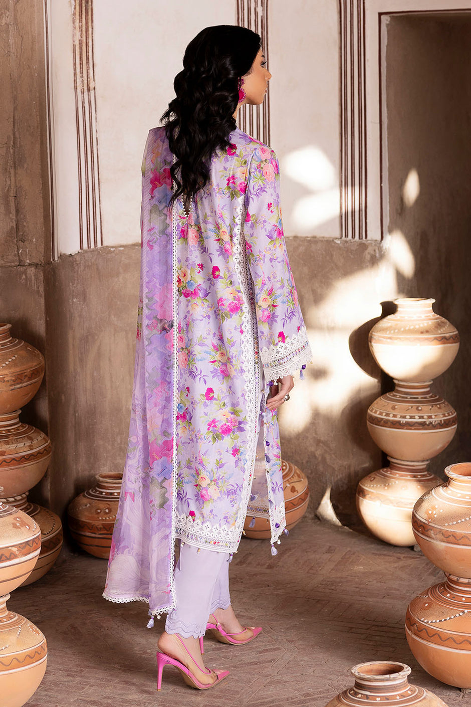 3 Piece Embroidered Printed Lawn Suit with Printed Chiffon Dupatta and Lace