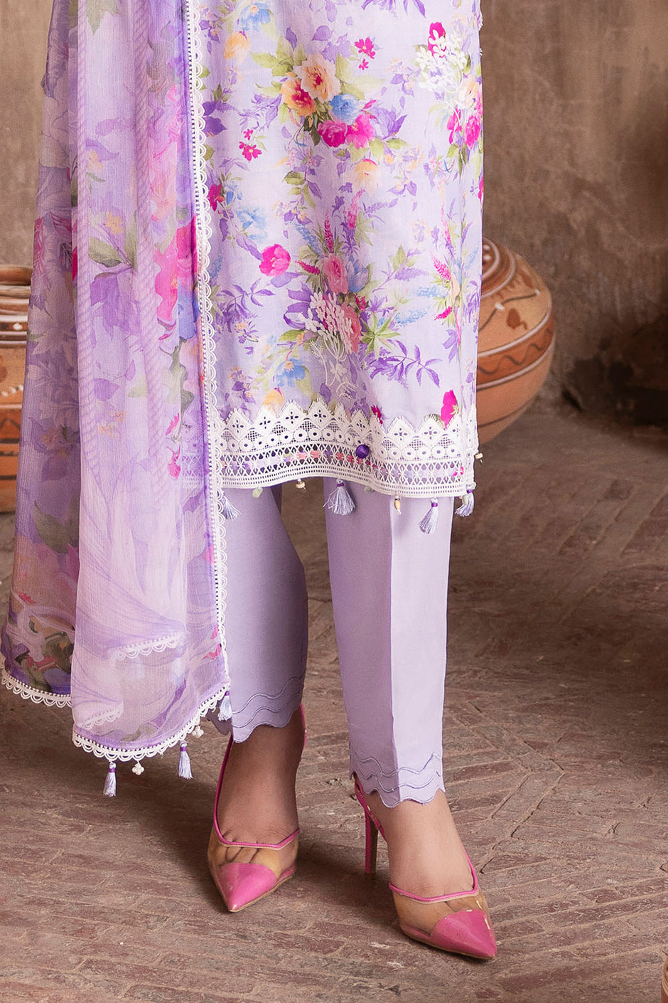 3 Piece Embroidered Printed Lawn Suit with Printed Chiffon Dupatta and Lace