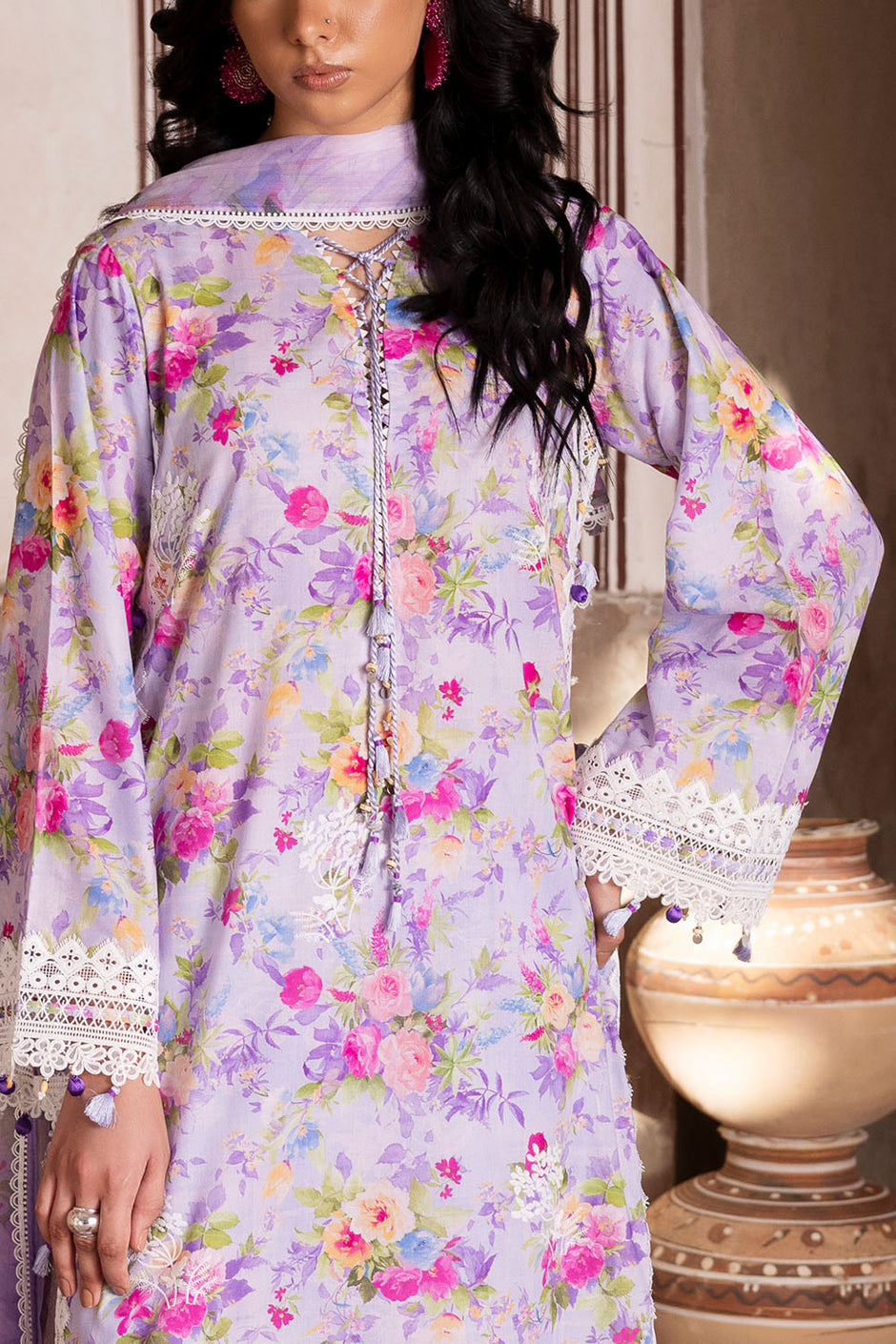 3 Piece Embroidered Printed Lawn Suit with Printed Chiffon Dupatta and Lace