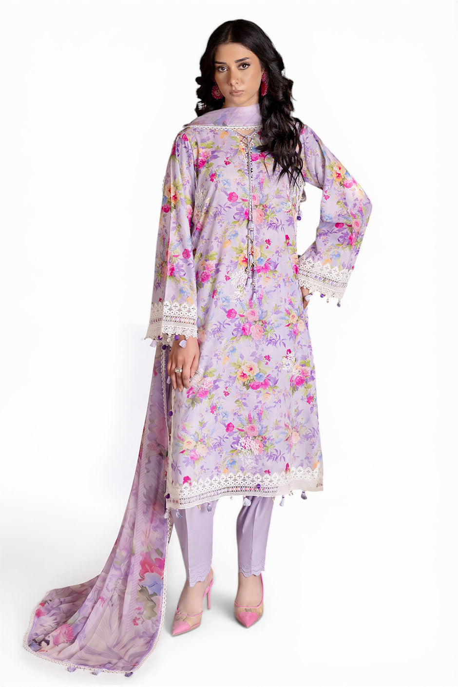 3 Piece Embroidered Printed Lawn Suit with Printed Chiffon Dupatta and Lace