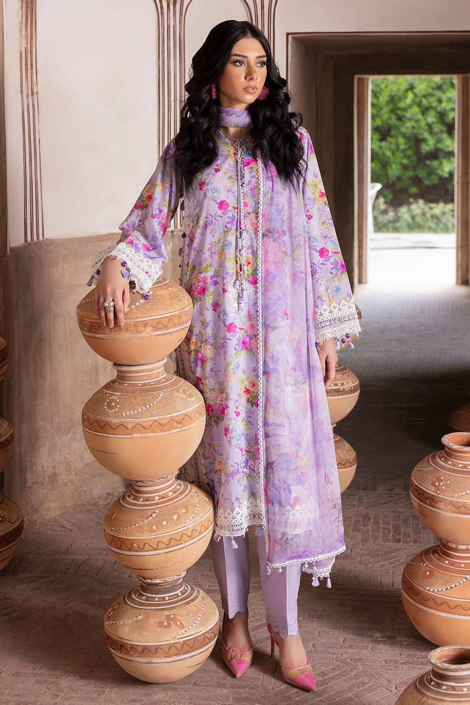 3 Piece Embroidered Printed Lawn Suit with Printed Chiffon Dupatta and Lace