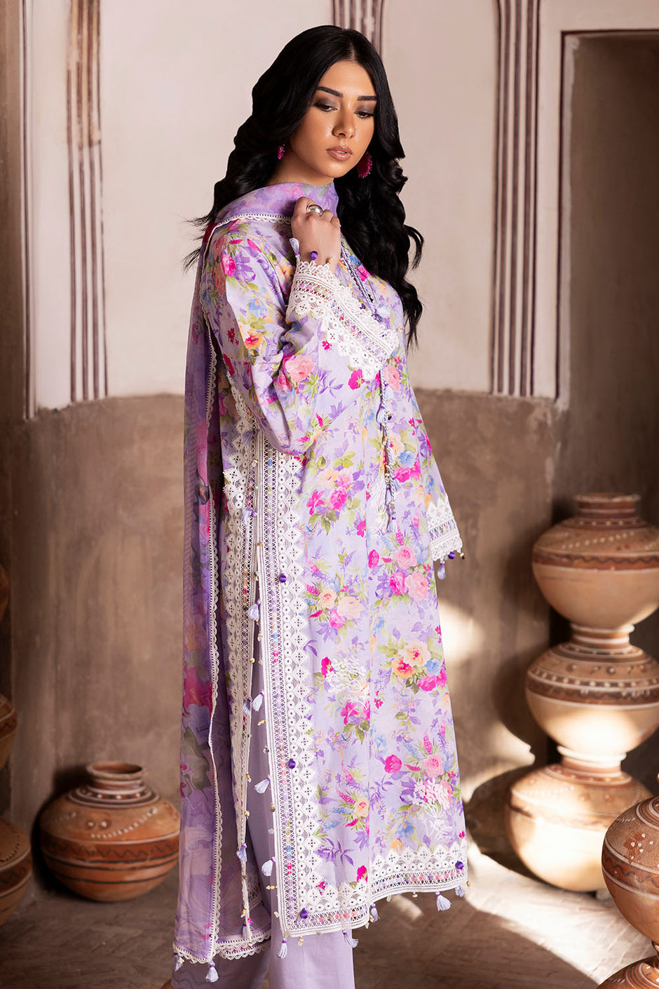3 Piece Embroidered Printed Lawn Suit with Printed Chiffon Dupatta and Lace