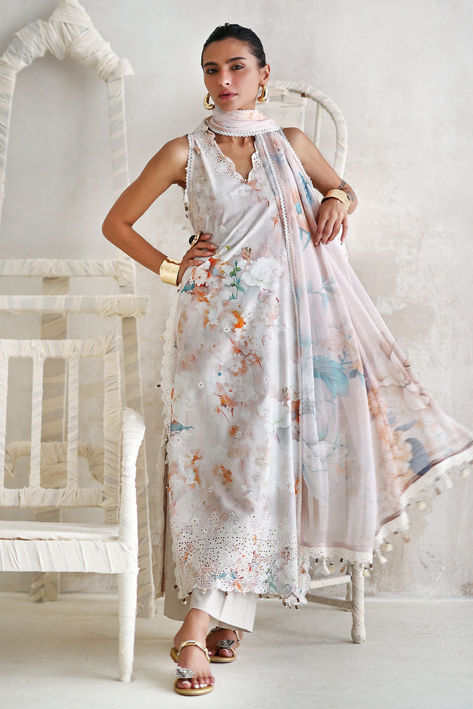 3 Piece Embroidered Printed Lawn Suit with Printed Chiffon Dupatta