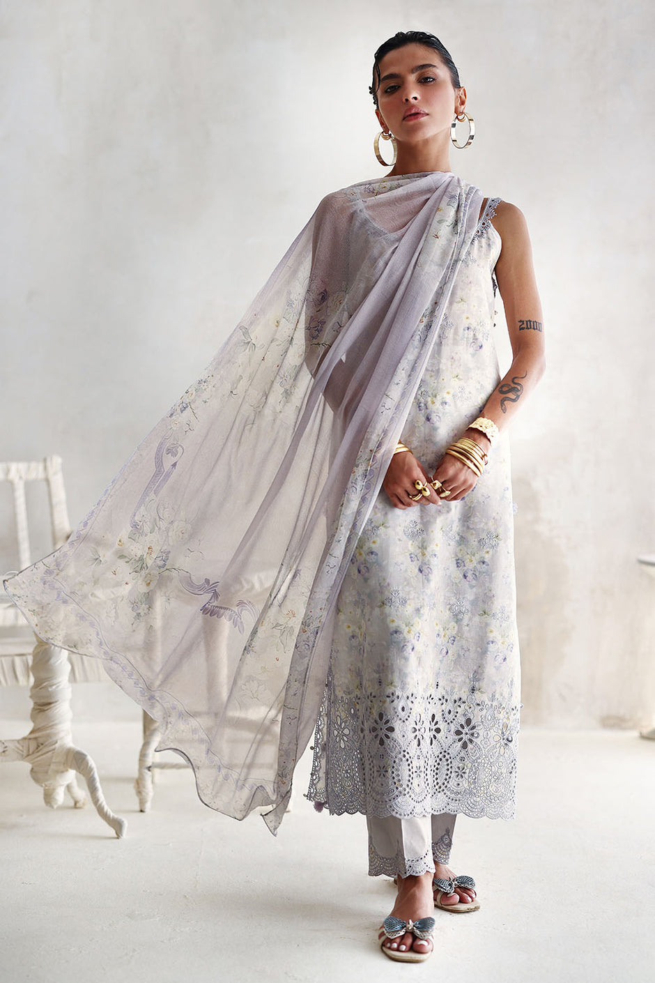 3 Piece Embroidered Printed Lawn Suit with Printed Chiffon Dupatta