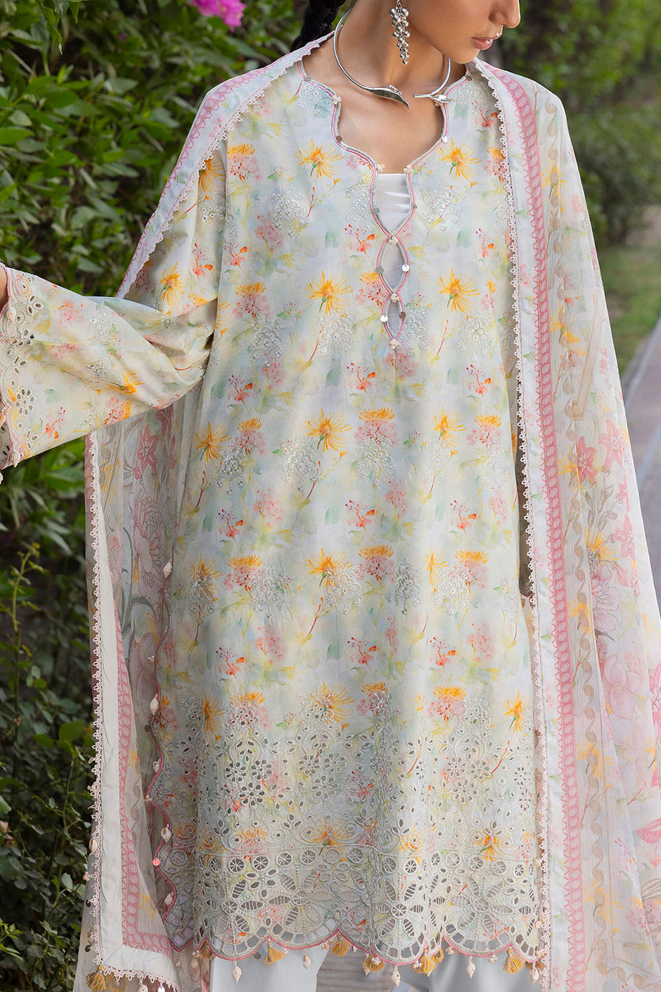 3 Piece Embroidered Printed Lawn Suit with Printed Chiffon Dupatta