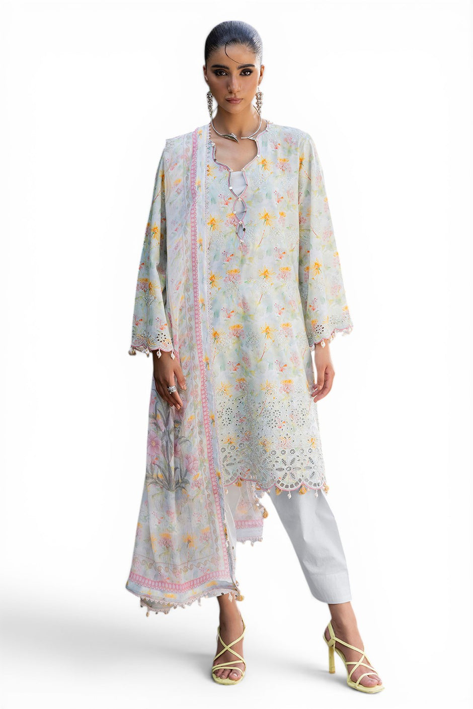 3 Piece Embroidered Printed Lawn Suit with Printed Chiffon Dupatta
