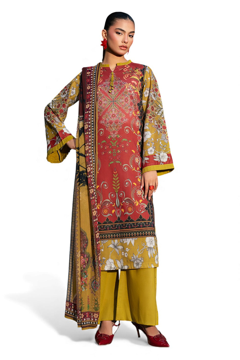 3 Piece Printed Lawn Suit with Chiffon Dupatta