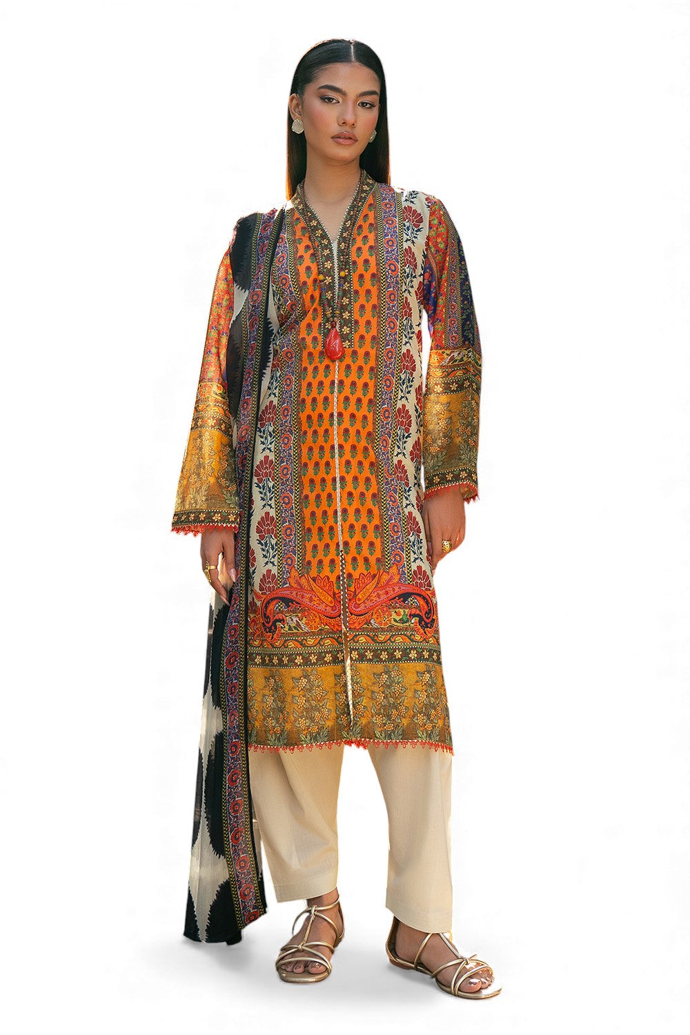 3 Piece Printed Lawn Suit with Chiffon Dupatta