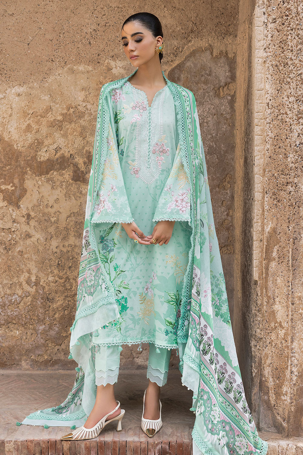 3 Piece Printed Lawn Suit with Printed Chiffon Dupatta and Embroidered Neckline