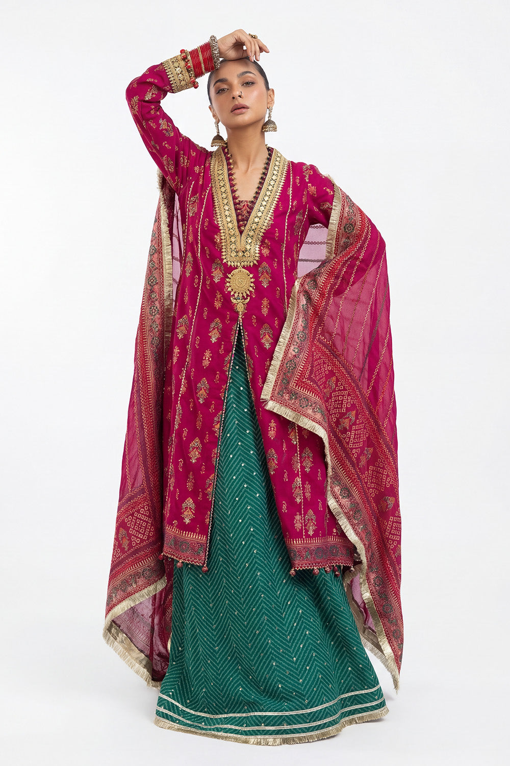 3 Piece Gold and Lacquer Printed Lawn Suit with Gold and Lacquer Printed Chiffon Dupatta and Gold and Lacquer Printed Trouser