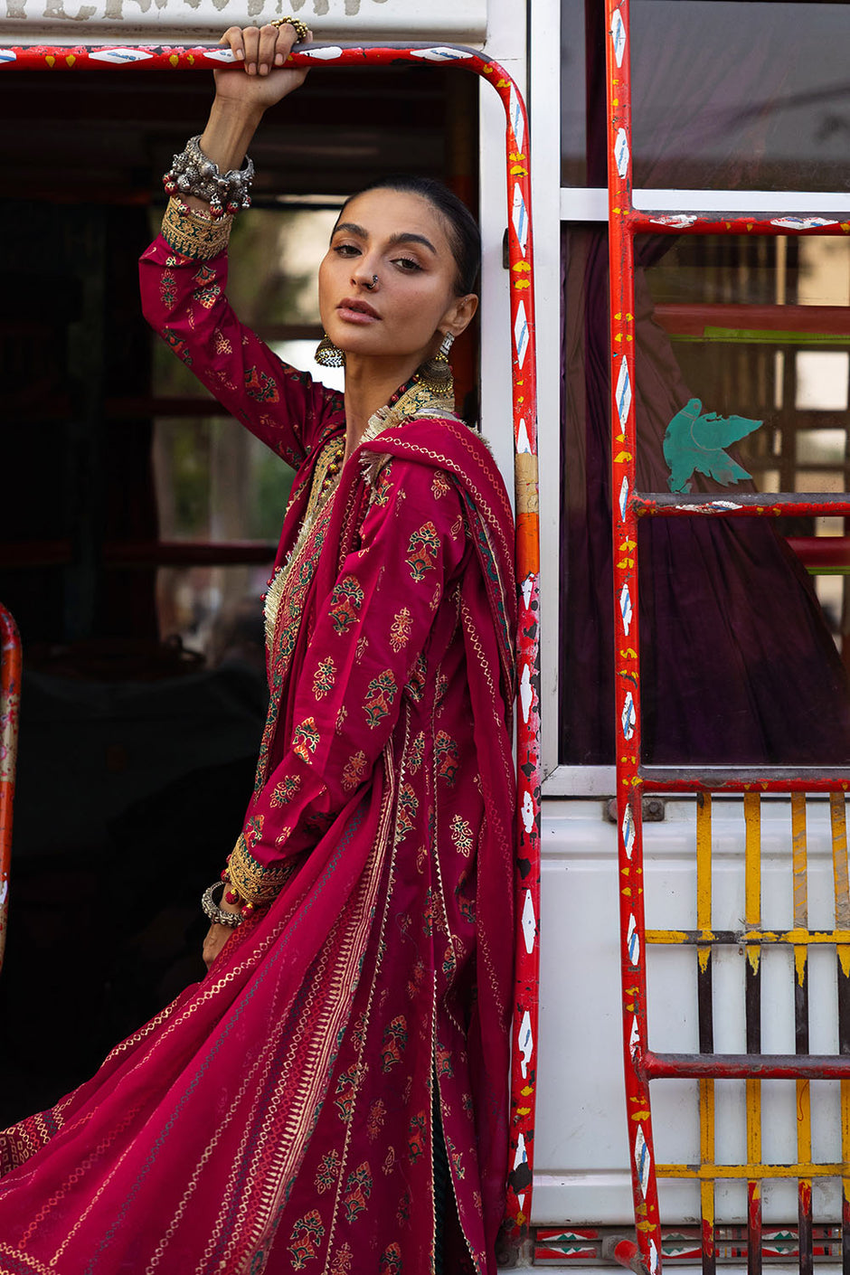 3 Piece Gold and Lacquer Printed Lawn Suit with Gold and Lacquer Printed Chiffon Dupatta and Gold and Lacquer Printed Trouser