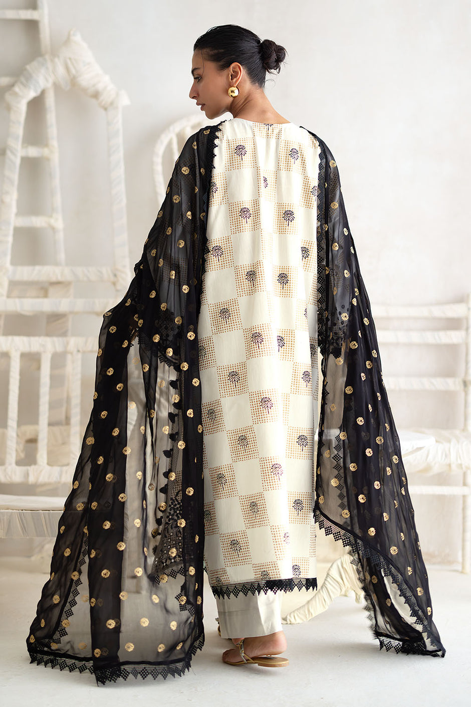 3 Piece Embroidered Gold Printed Dobby Cotton Slub Suit with Chiffon Dupatta and Crochet Lace