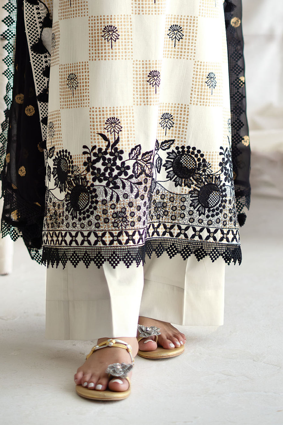 3 Piece Embroidered Gold Printed Dobby Cotton Slub Suit with Chiffon Dupatta and Crochet Lace