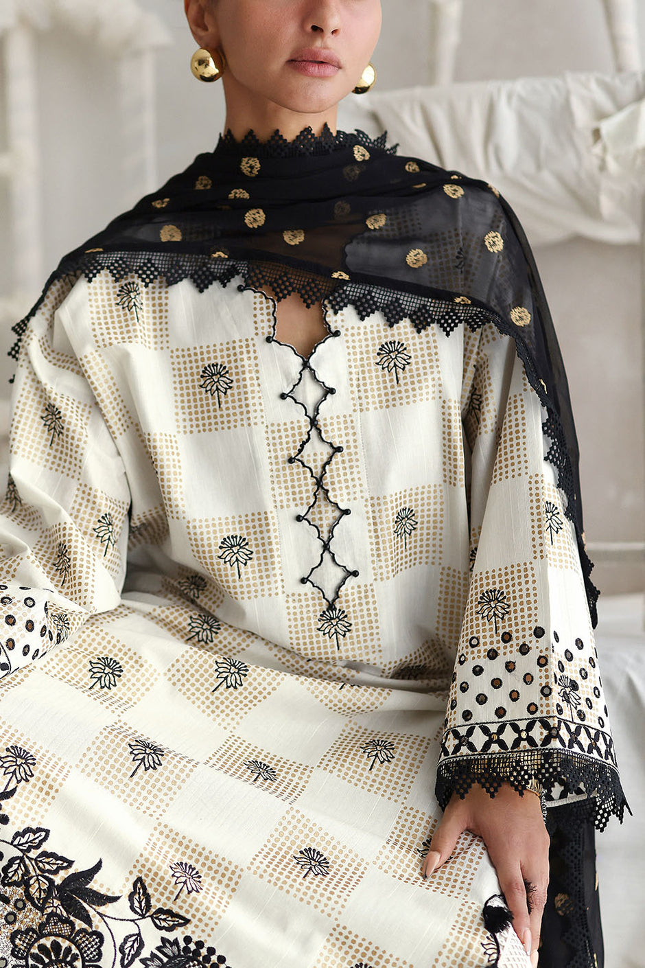 3 Piece Embroidered Gold Printed Dobby Cotton Slub Suit with Chiffon Dupatta and Crochet Lace