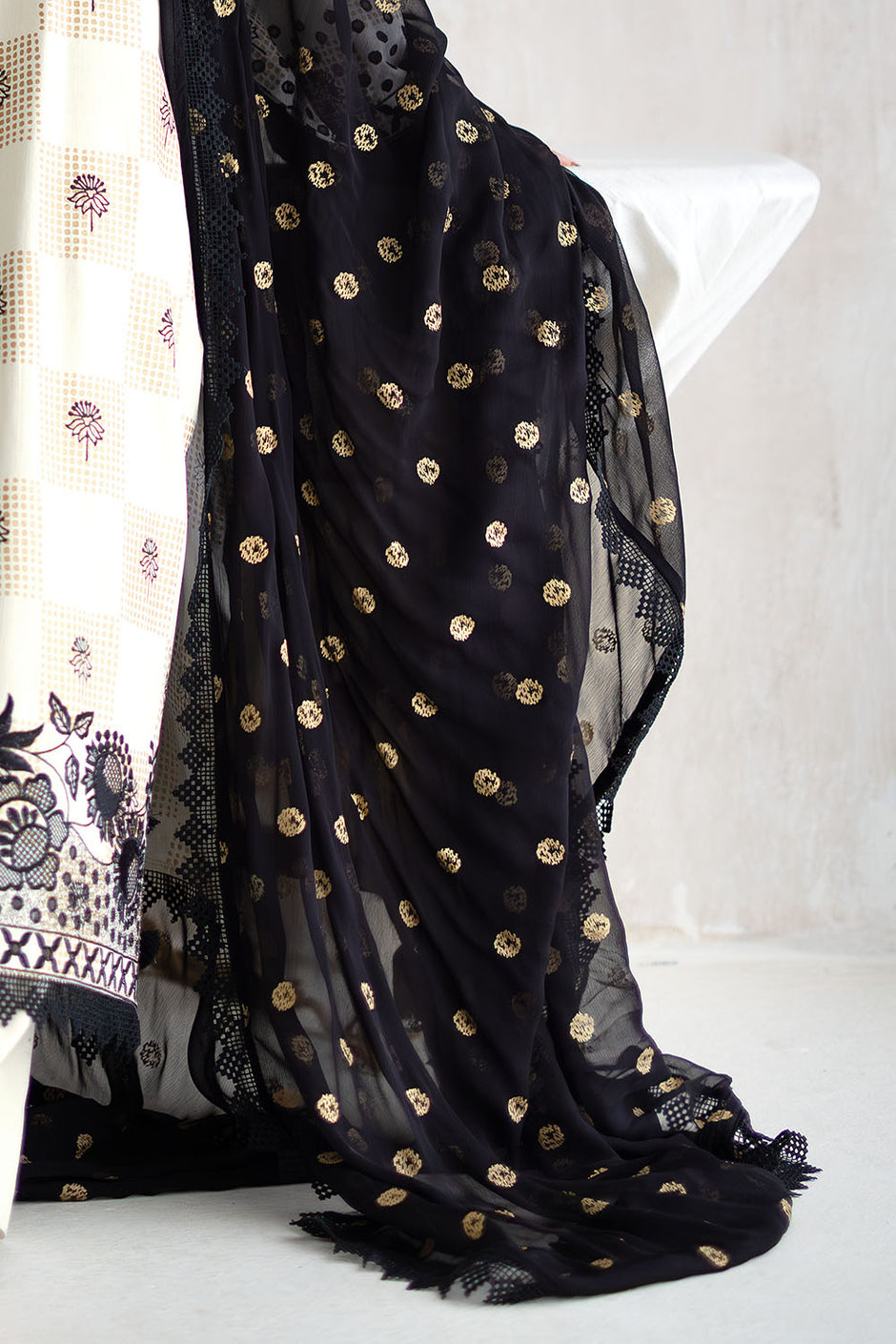 3 Piece Embroidered Gold Printed Dobby Cotton Slub Suit with Chiffon Dupatta and Crochet Lace