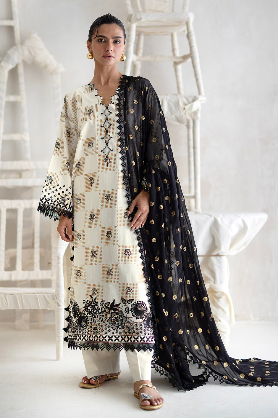 3 Piece Embroidered Gold Printed Dobby Cotton Slub Suit with Chiffon Dupatta and Crochet Lace