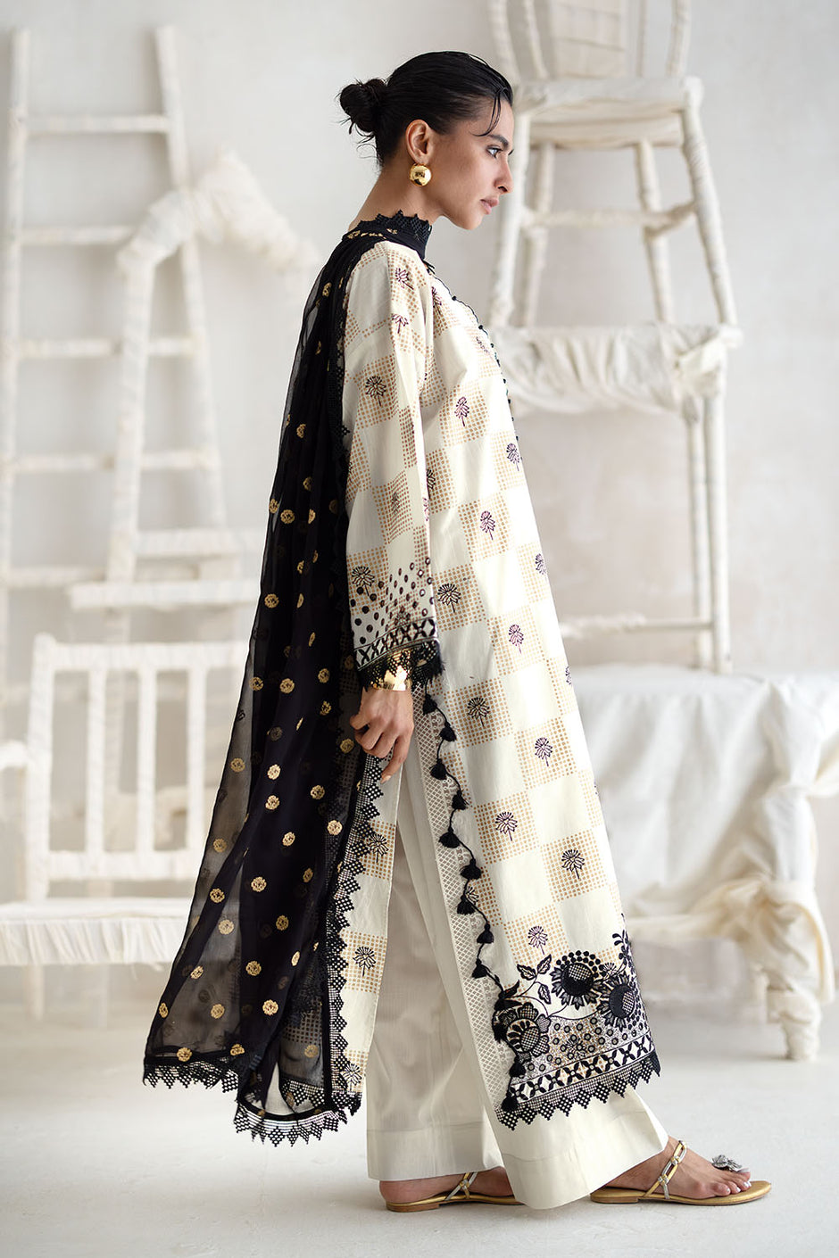 3 Piece Embroidered Gold Printed Dobby Cotton Slub Suit with Chiffon Dupatta and Crochet Lace