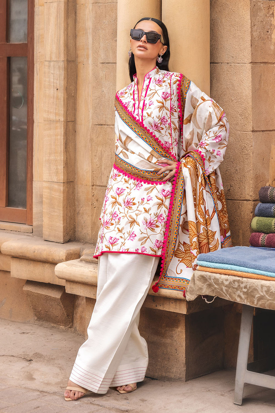 3 Piece Printed Corduroy Suit with Dupatta