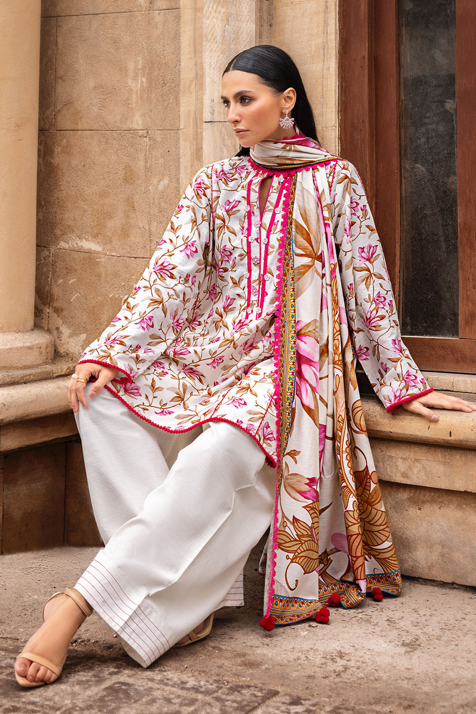 3 Piece Printed Corduroy Suit with Dupatta