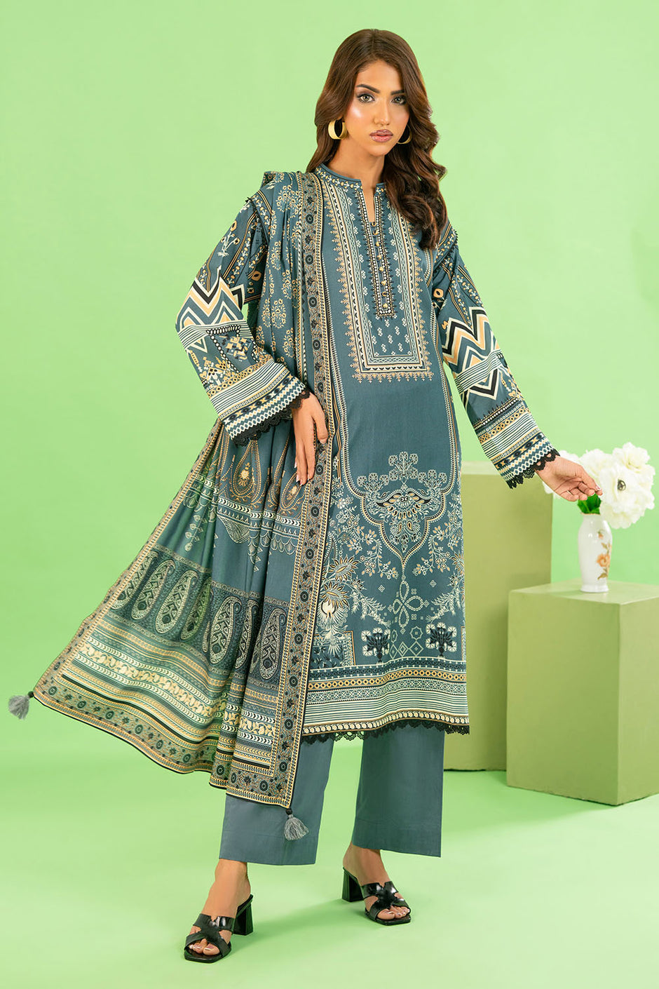 3 Piece Printed Cotton Linen Suit with Dupatta