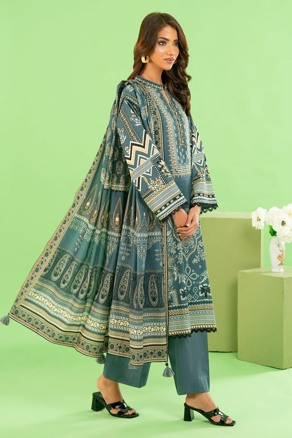 3 Piece Printed Cotton Linen Suit with Dupatta