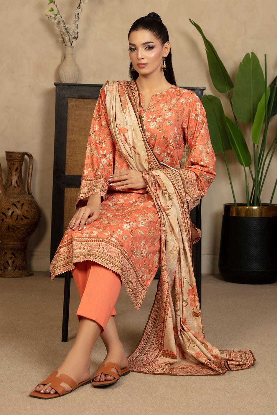3 Piece Printed Cotton Linen Suit with Dupatta