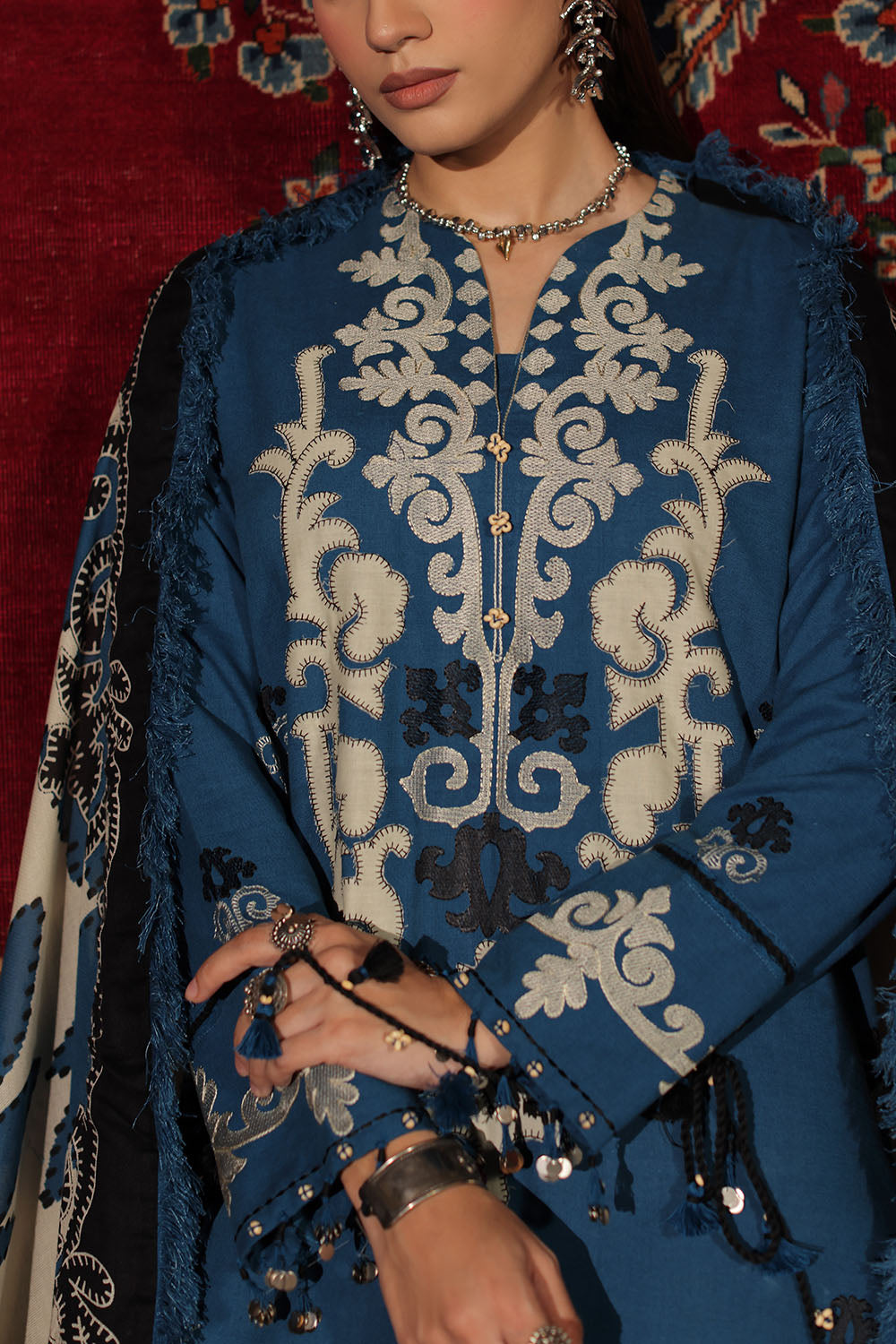 3 Piece Embroidered Textured Cotton Linen Suit