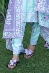 3 Piece Gold and Lacquer Printed Raw Silk Suit with Handwork Details and Gold and Lacquer Printed Cotton Net Dupatta