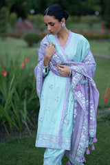 3 Piece Gold and Lacquer Printed Raw Silk Suit with Handwork Details and Gold and Lacquer Printed Cotton Net Dupatta