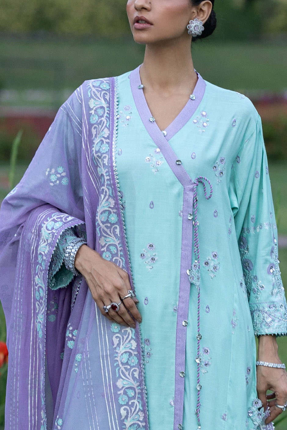 3 Piece Gold and Lacquer Printed Raw Silk Suit with Handwork Details and Gold and Lacquer Printed Cotton Net Dupatta