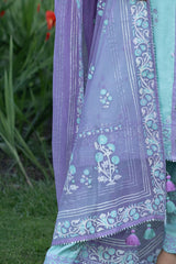 3 Piece Gold and Lacquer Printed Raw Silk Suit with Handwork Details and Gold and Lacquer Printed Cotton Net Dupatta
