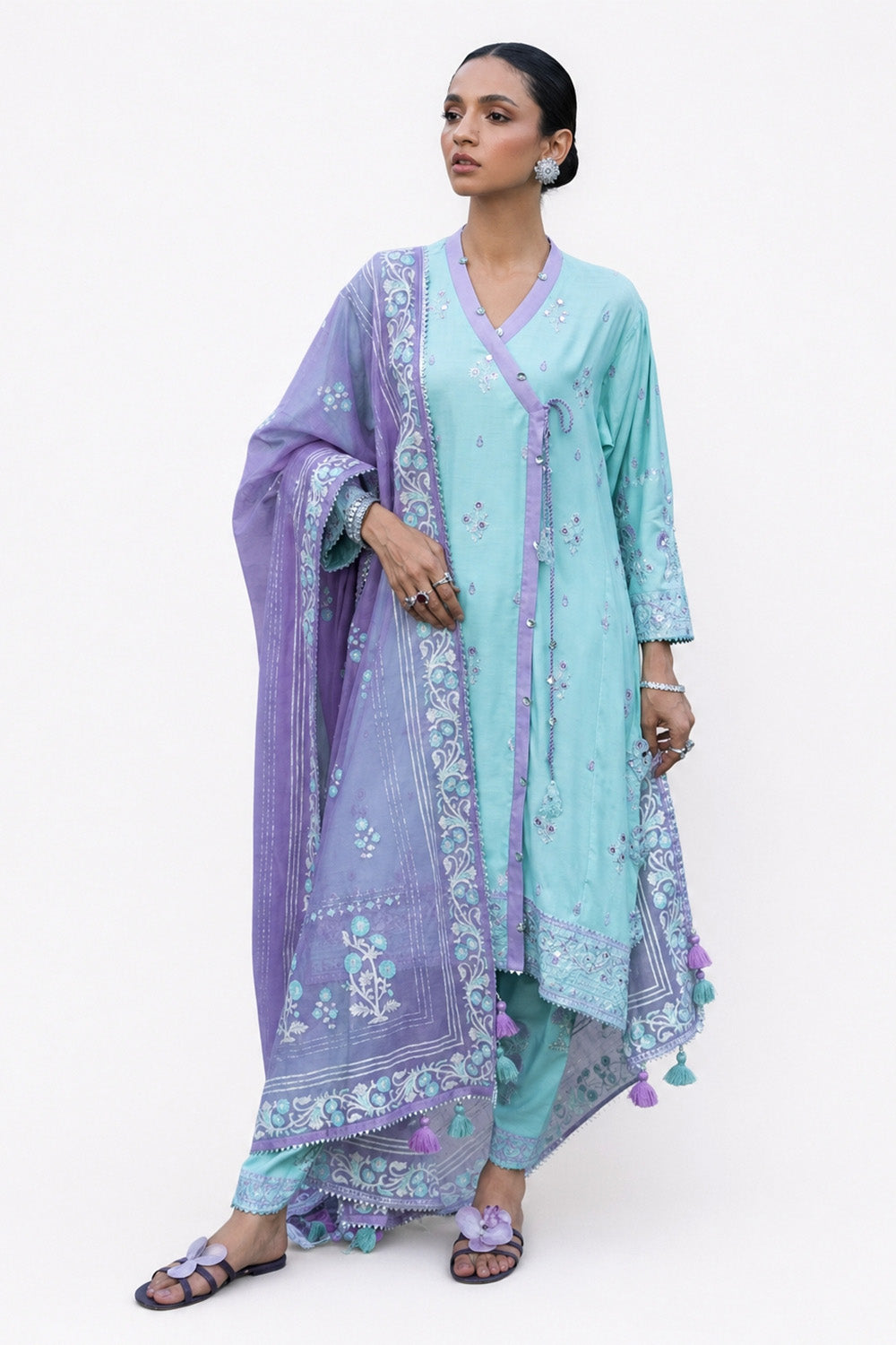 3 Piece Gold and Lacquer Printed Raw Silk Suit with Handwork Details and Gold and Lacquer Printed Cotton Net Dupatta