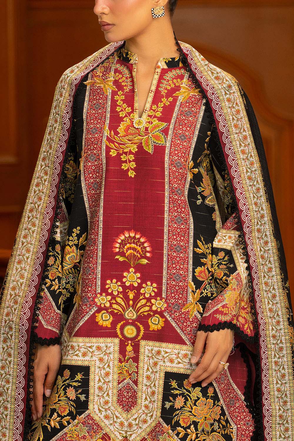 3 Piece Printed Khaddar Stripe Suit