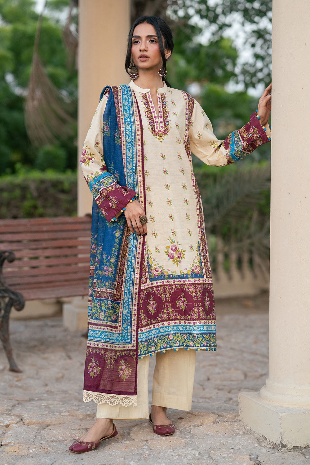 3 Piece Printed Khaddar Stripe Suit