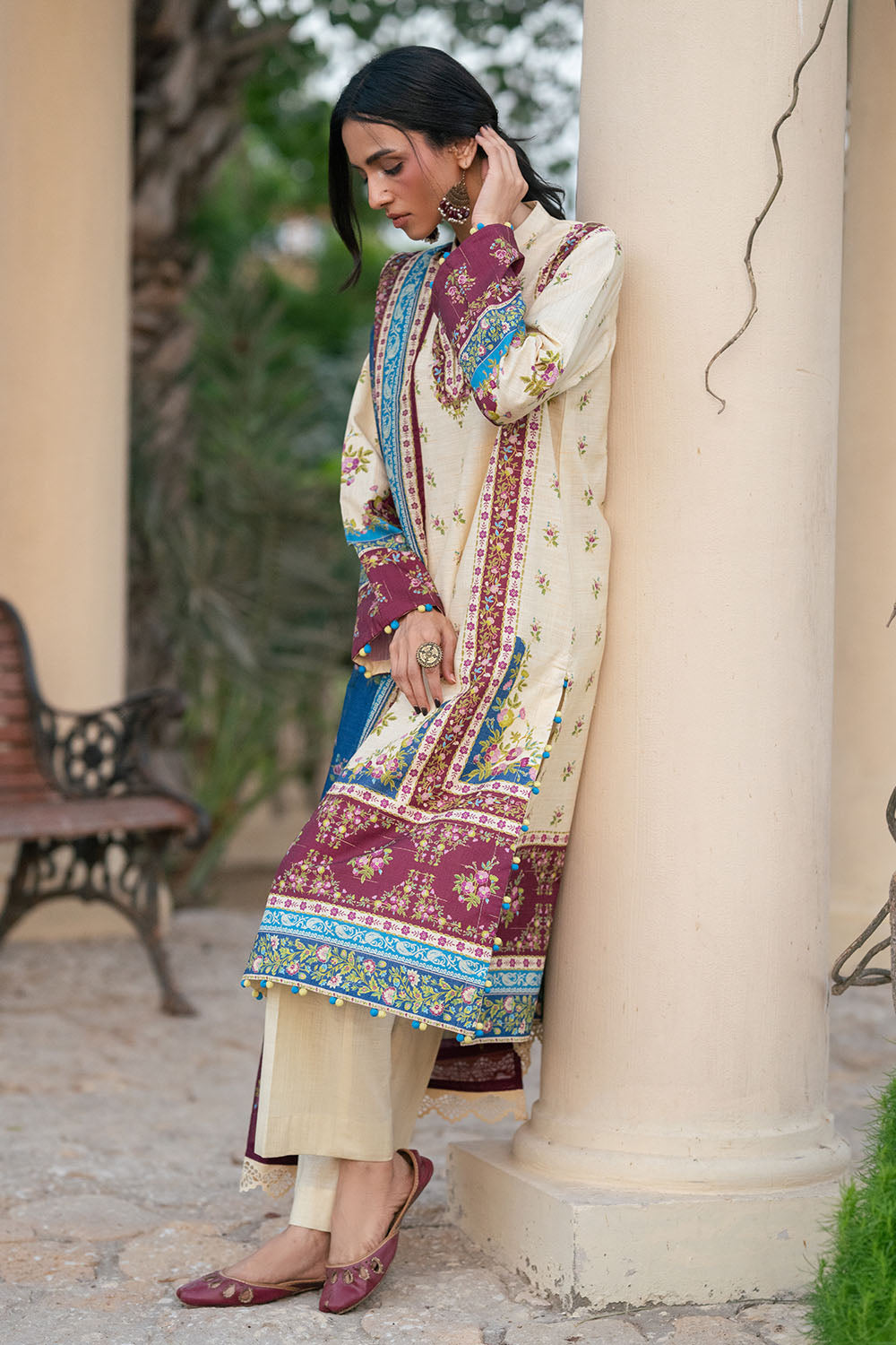 3 Piece Printed Khaddar Stripe Suit
