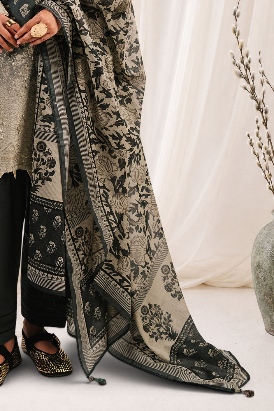 3 Piece Embroidered Printed Cotton Suit with Printed Denting Lawn Dupatta