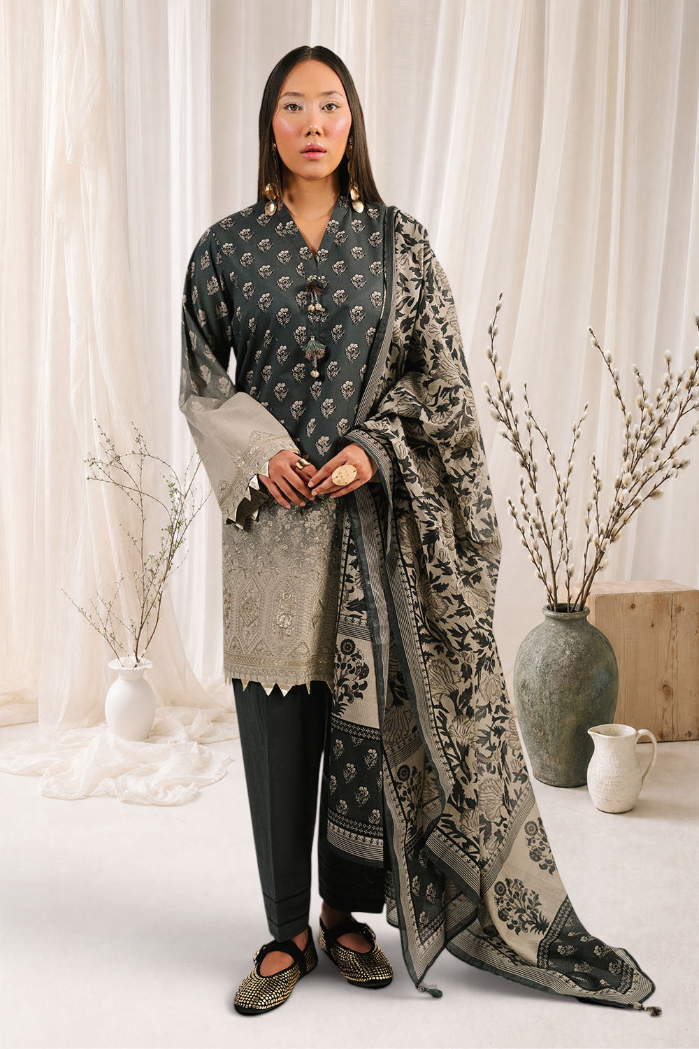 3 Piece Embroidered Printed Cotton Suit with Printed Denting Lawn Dupatta