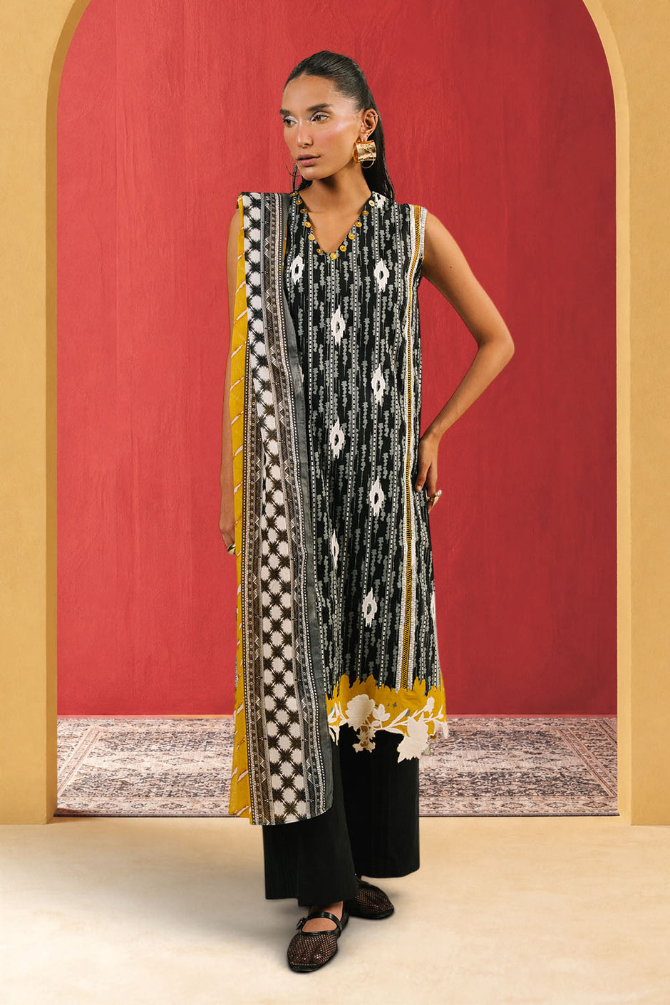 3 Piece Embroidered Printed Cotton Suit with Printed Denting Lawn Dupatta