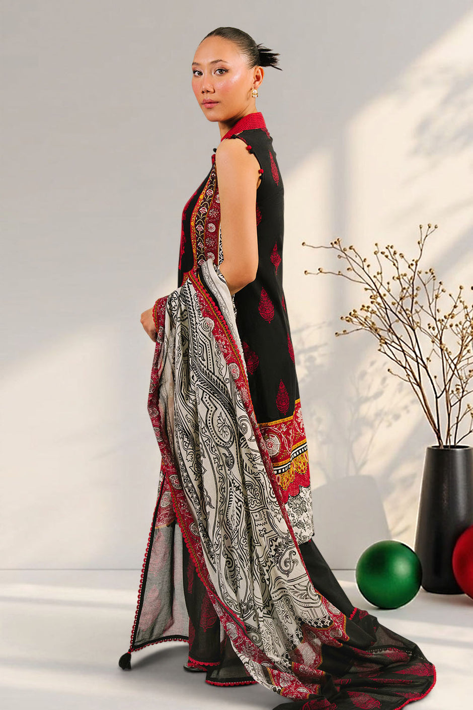 3 Piece Embroidered Printed Cotton Suit with Printed Denting Lawn Dupatta