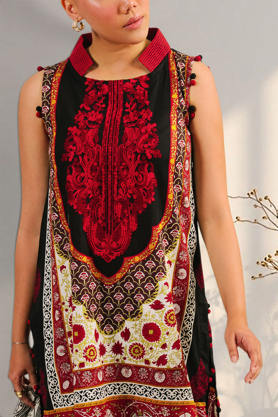 3 Piece Embroidered Printed Cotton Suit with Printed Denting Lawn Dupatta