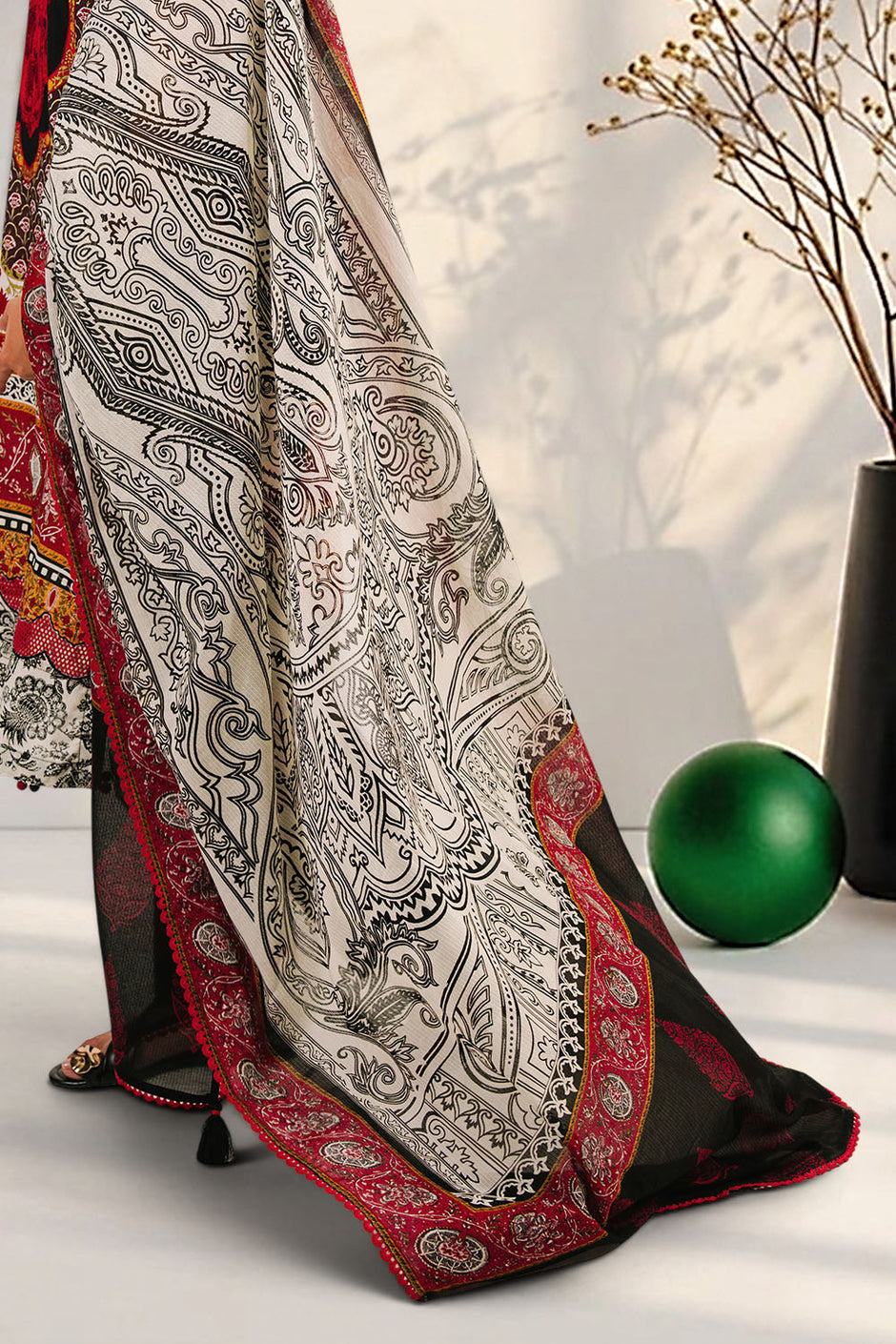 3 Piece Embroidered Printed Cotton Suit with Printed Denting Lawn Dupatta