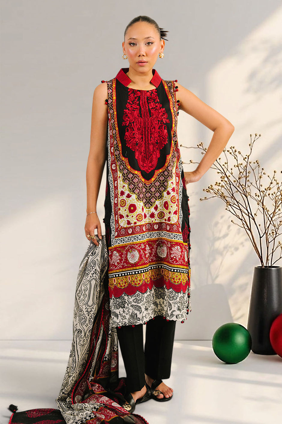 3 Piece Embroidered Printed Cotton Suit with Printed Denting Lawn Dupatta