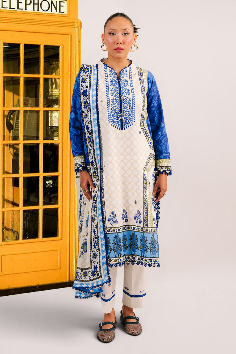 3 Piece Embroidered Printed Cotton Suit with Printed Denting Lawn Dupatta