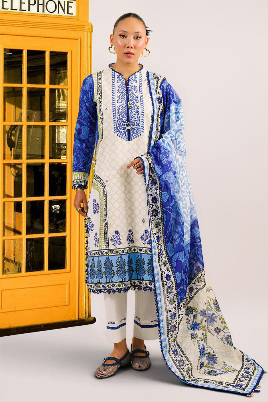 3 Piece Embroidered Printed Cotton Suit with Printed Denting Lawn Dupatta