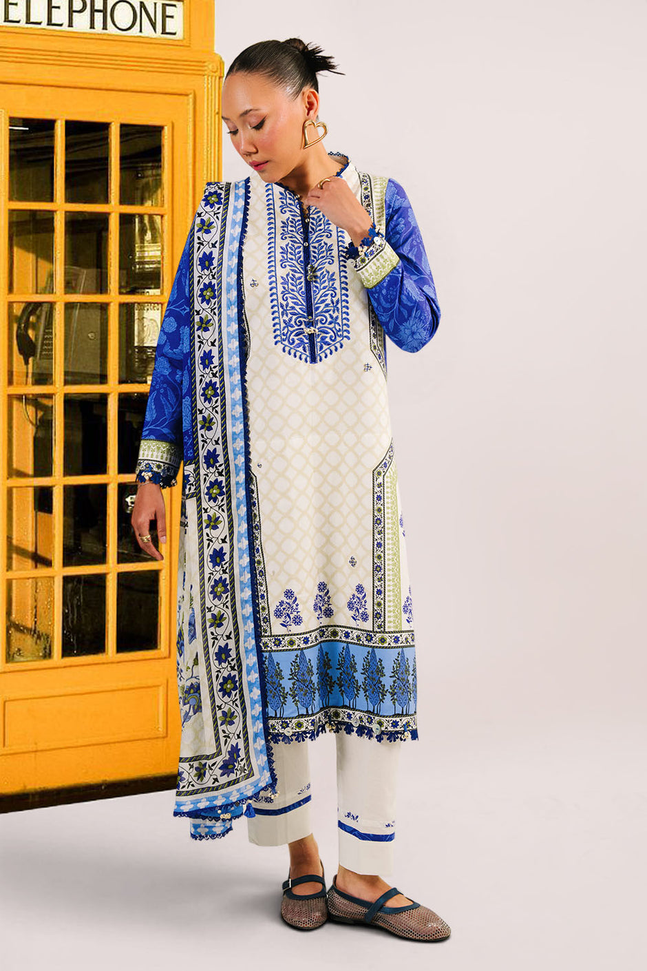 3 Piece Embroidered Printed Cotton Suit with Printed Denting Lawn Dupatta