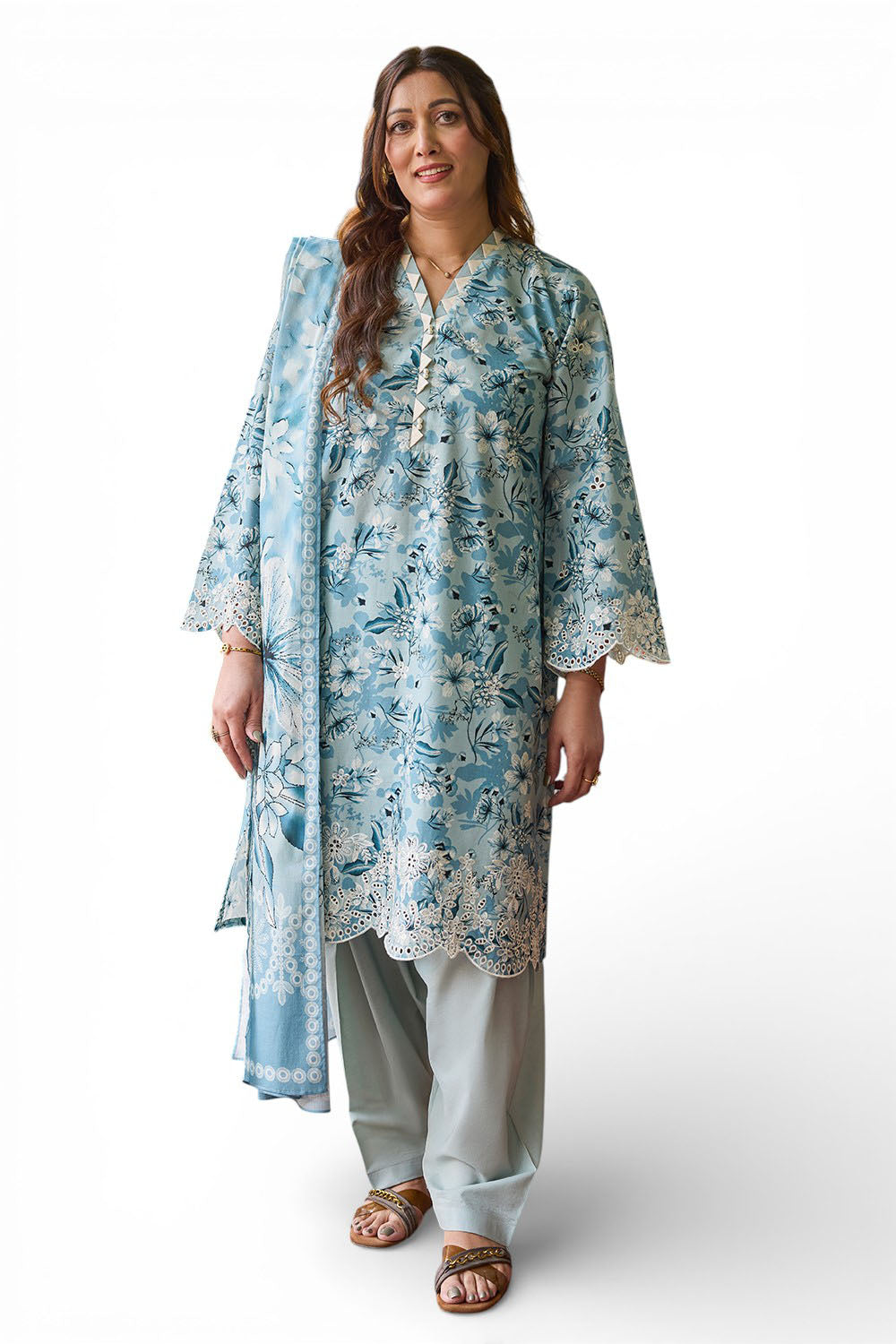 3 Piece Embroidered Printed Lawn Suit with Printed Denting Dupatta