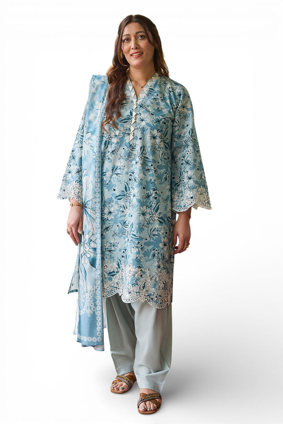 3 Piece Embroidered Printed Lawn Suit with Printed Denting Dupatta