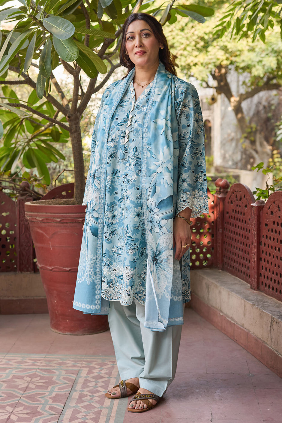 3 Piece Embroidered Printed Lawn Suit with Printed Denting Dupatta