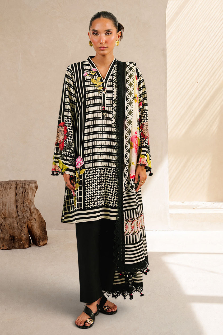 3 Piece Printed Cotton Suit with Printed Denting Lawn Dupatta and Embroidered Bunch